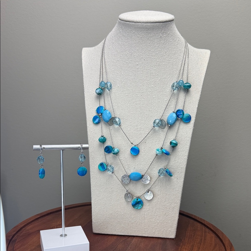 Blue Multi Layer Necklace Earring Set